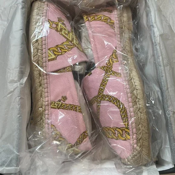 Versace Chain-Print Cotton Espadrille Loafers Pink Size 10B New In Box Authentic - Picture 4 of 13